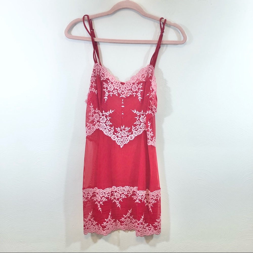 WACOAL Red Embroidered Sheer Lace Chemise Stretch